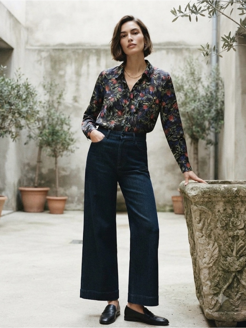 Elie Tahari Black Floral Button-Down Shirt with Red and Blue Blooms